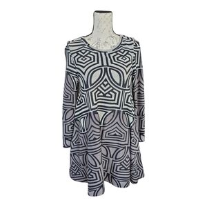 Papillon Black Gray Geometric Print Long Sleeve A-line Dress S